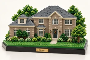 The house as a LEGO set on a black base with a brass plaque.